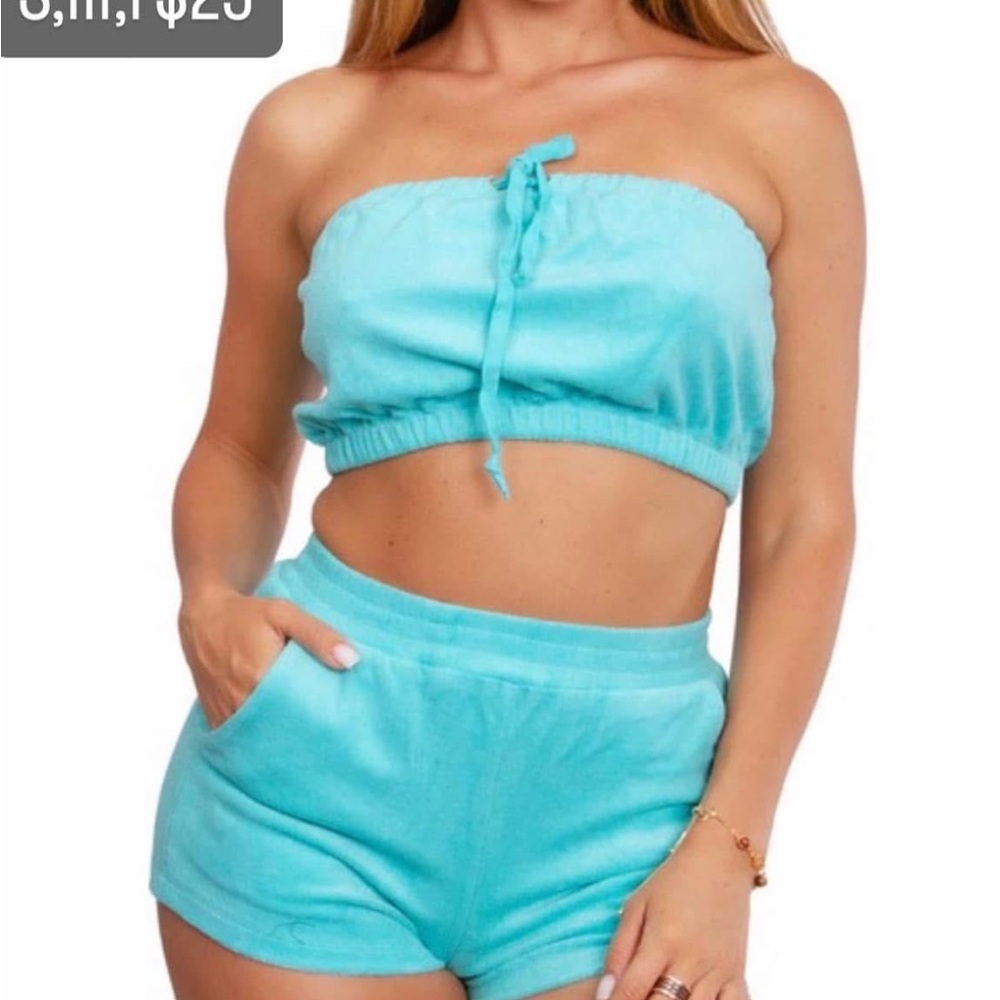 Turquoise Strapless Top and Shorts Set